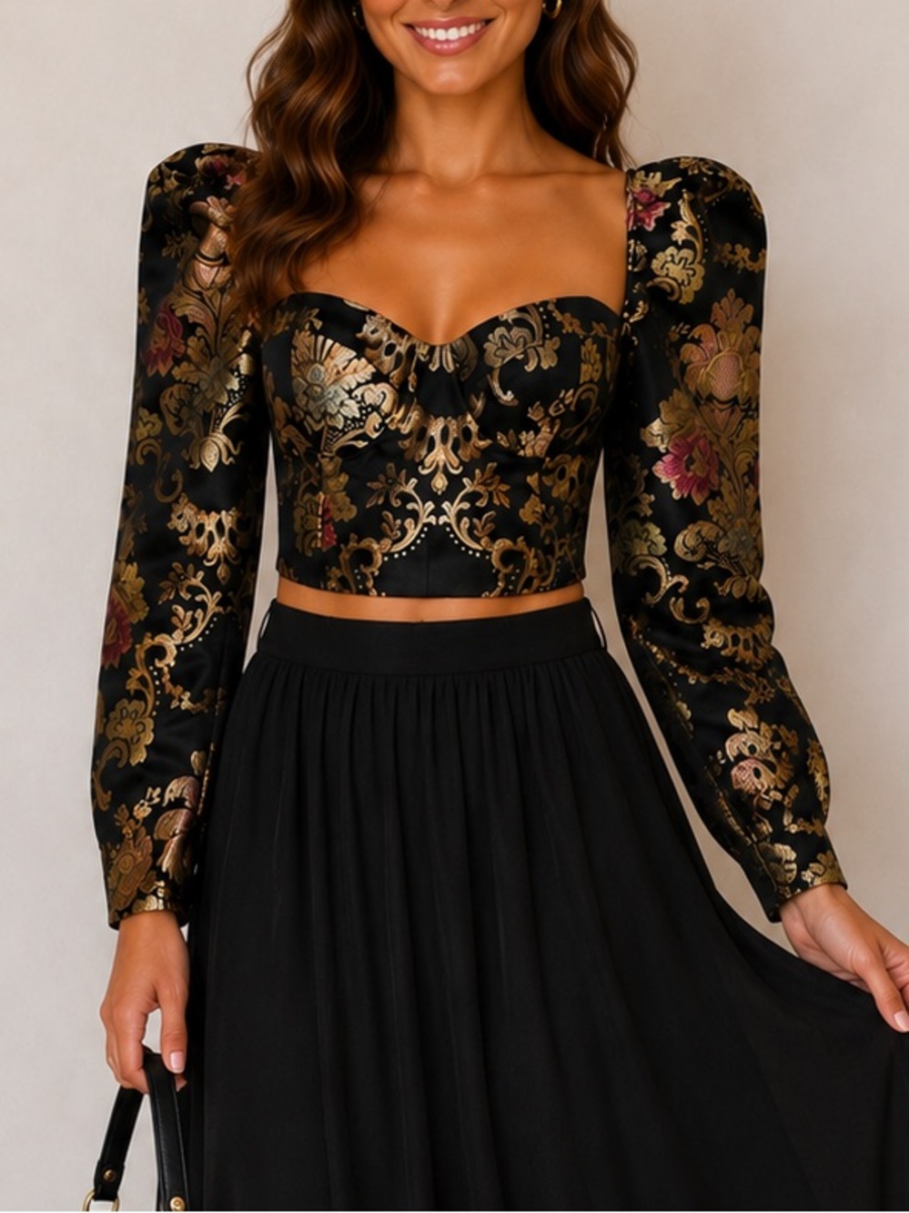 Blithe Los Angeles Brocade Crop Top Sweetheart Puff Sleeve Floral NWT XS